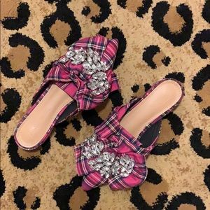Plaid embellished low mules